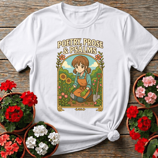 White vintage storybook sunflower gardening shirt "Poetry Prose and Psalms" for faith-inspired gardeners