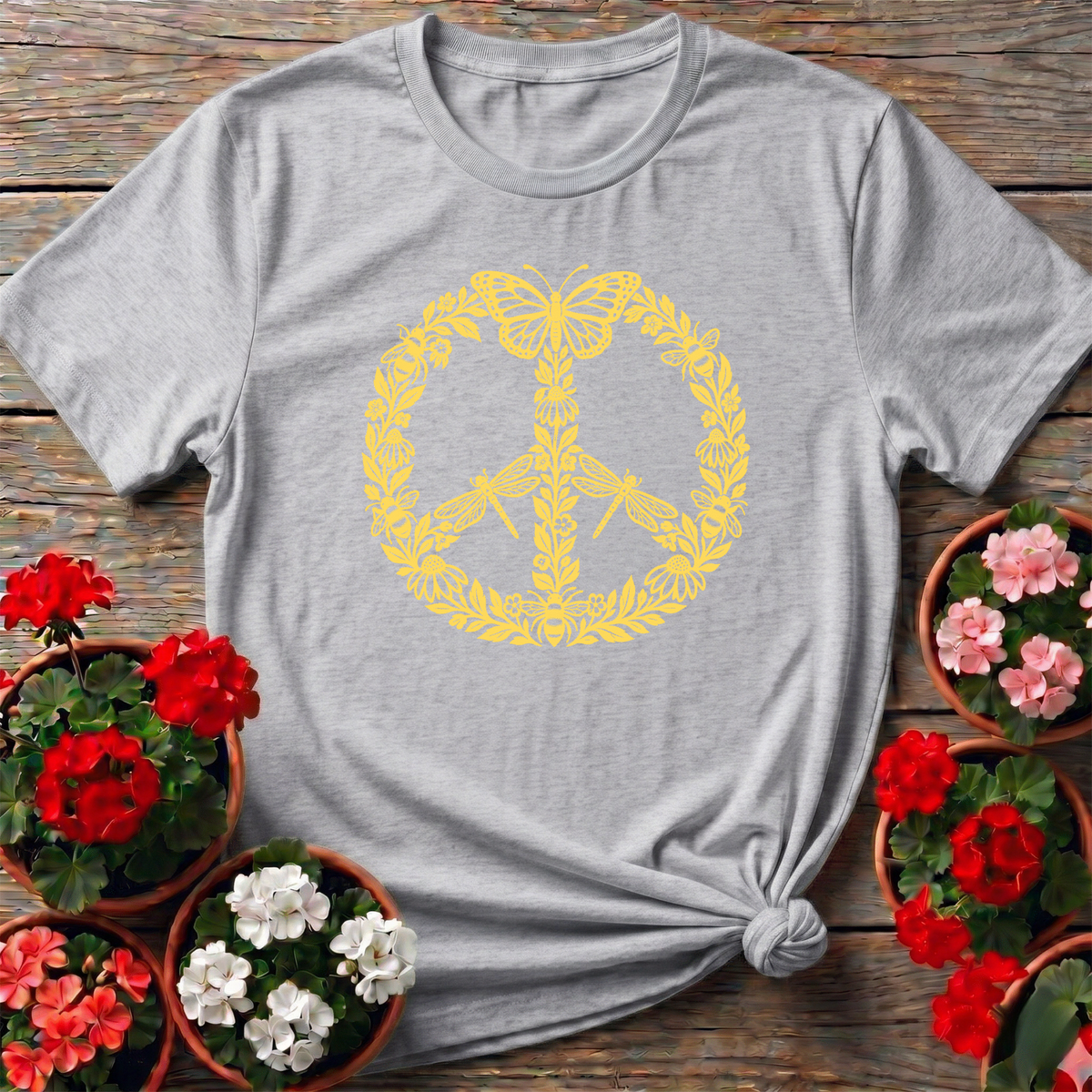 Pollinator Peace Sign Floral Garden T-Shirt - GardeningTshirts
