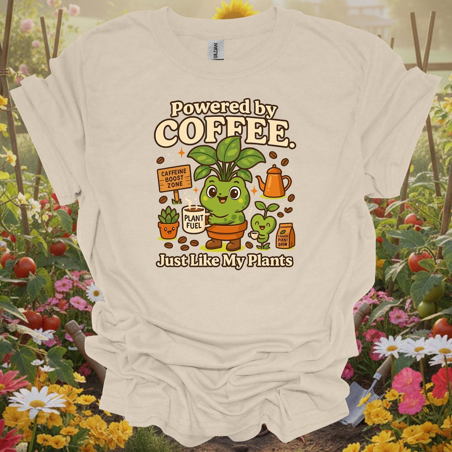 Natural tshirt showing powered by coffee just like my plants frog for people who love plants