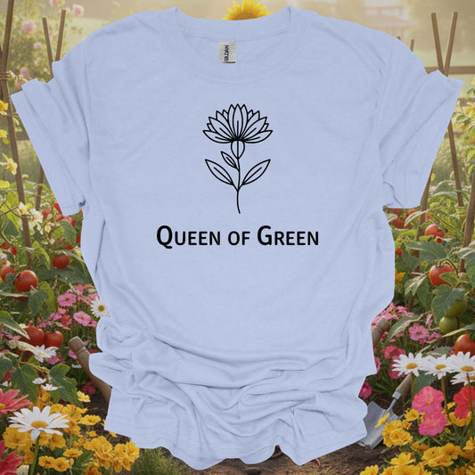 LIght blue tee showing elegant botanical lotus flower queen of green design for botanical queens