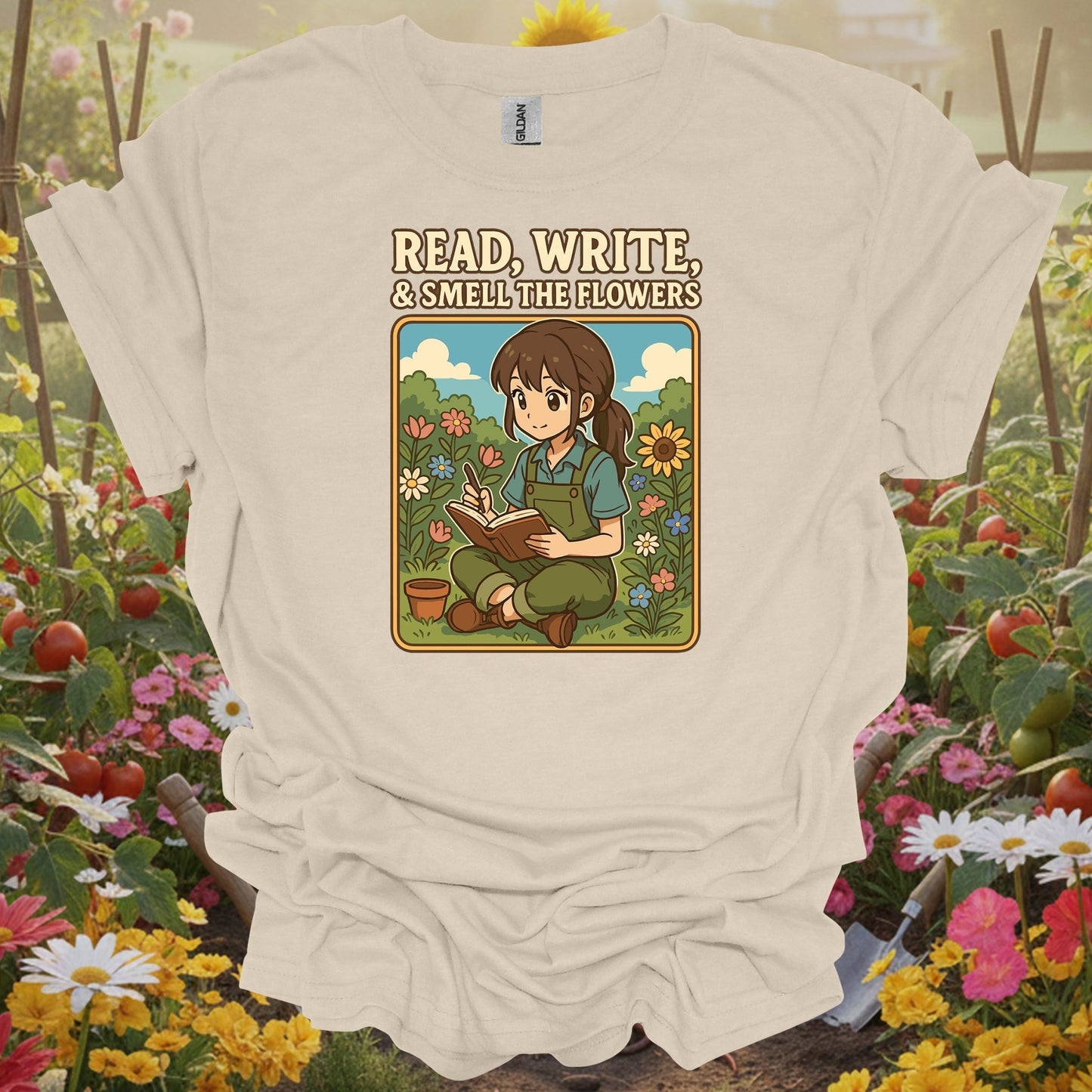 Natural apparel featuring a Read, Write, & Smell the Flowers theme on a soft shirt that honors the creative side of garden life.
