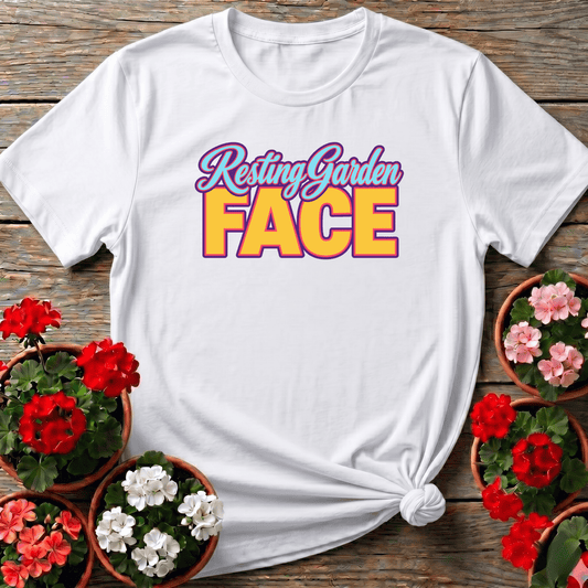 White vintage summer cottagecore humor gardening shirt with "Resting Garden Face" for obsessed gardeners