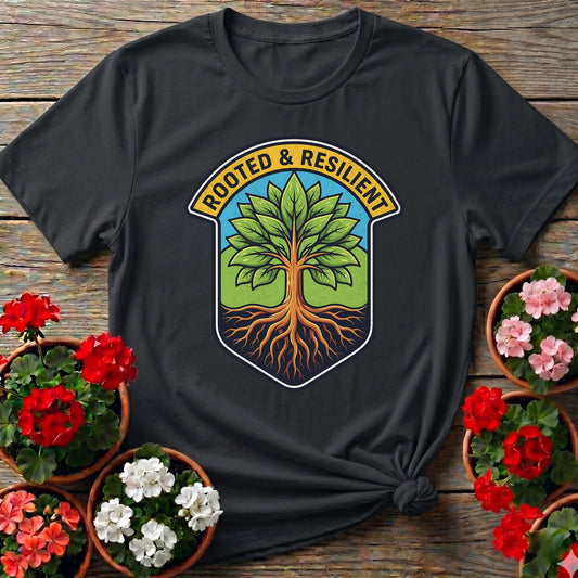 Rooted and Resilient Strong Tree Badge Tee - GardeningTshirts