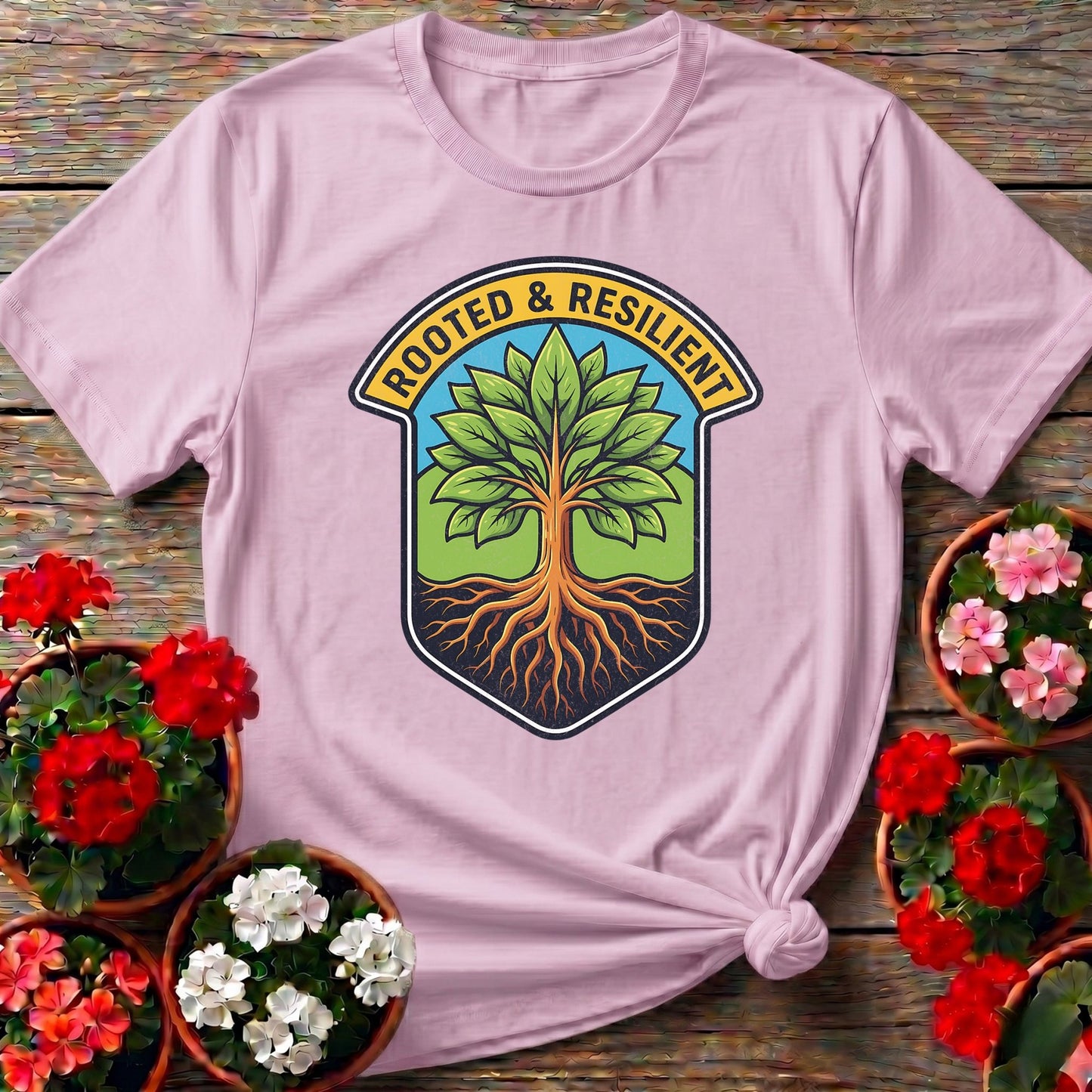 Rooted and Resilient Strong Tree Badge Tee - GardeningTshirts