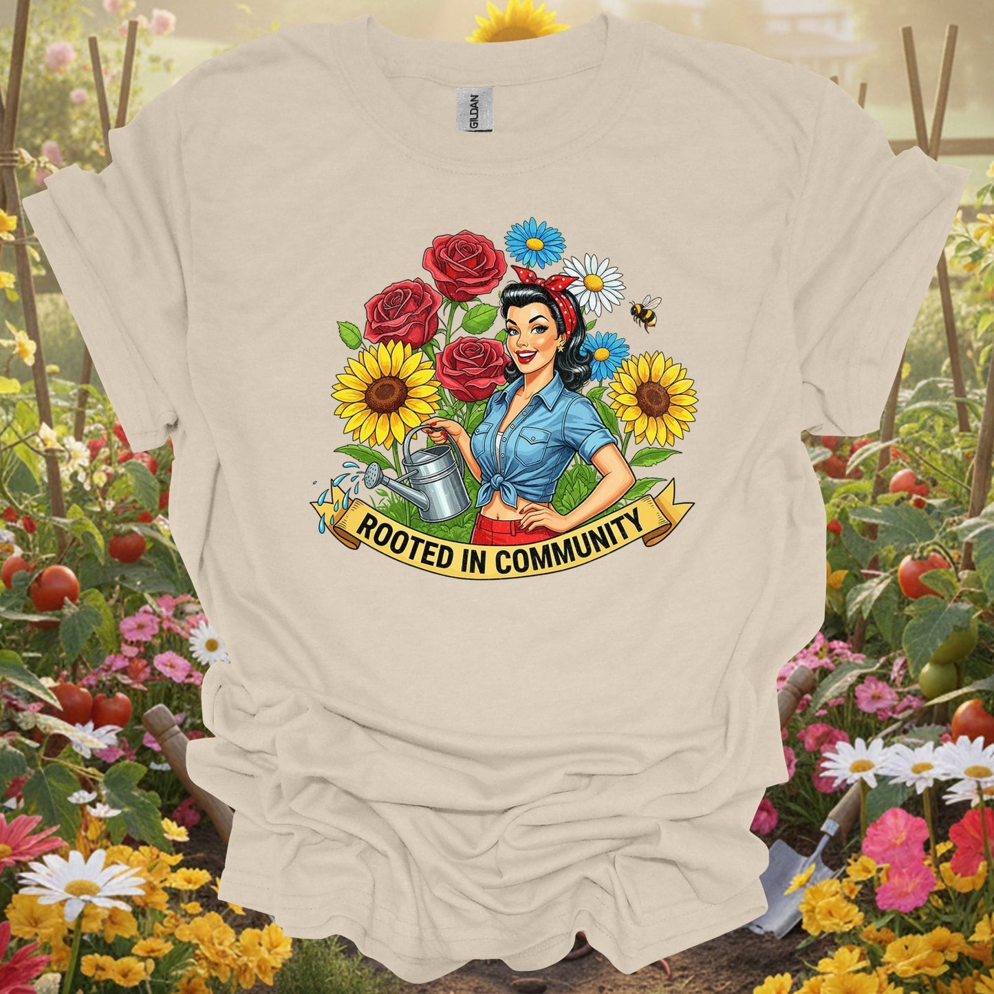 "Rooted in Community" Vintage Pin - Up Gardener T-Shirt - GardeningTshirts