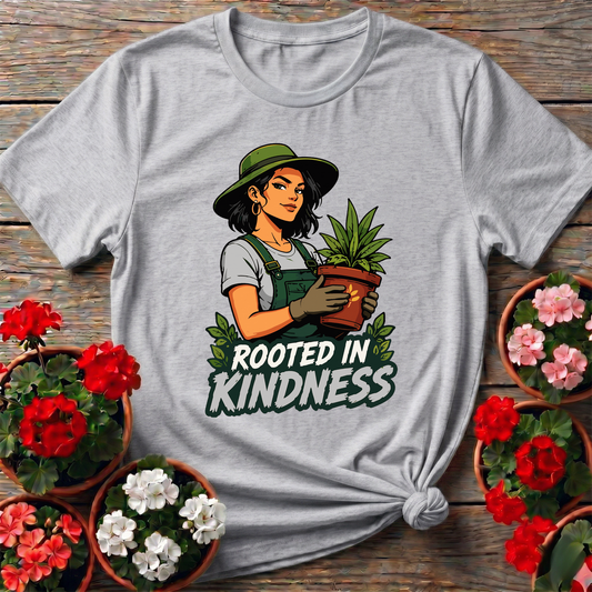 Rooted in Kindness Gardener T-Shirt for Plant Lovers - GardeningTshirts