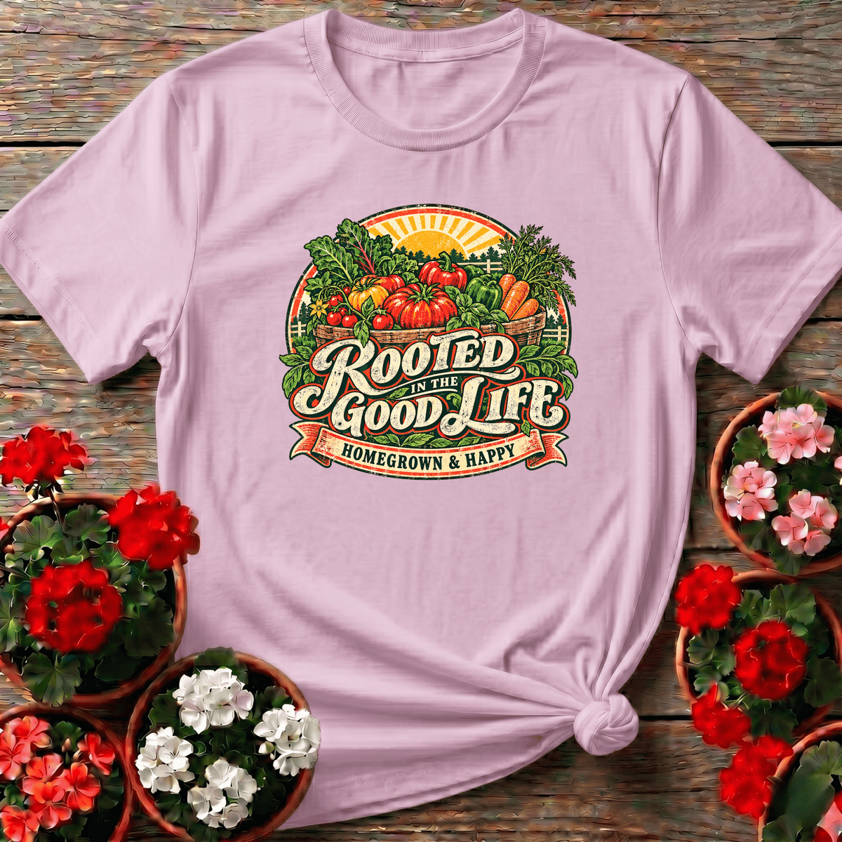 Light Pink soft cottagecore harvest basket tee "Rooted in the Good Life Homegrown & Happy" for gardeners who grow their own