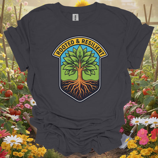 Rooted & Resilient" Strong Tree Badge T-Shirt - GardeningTshirts
