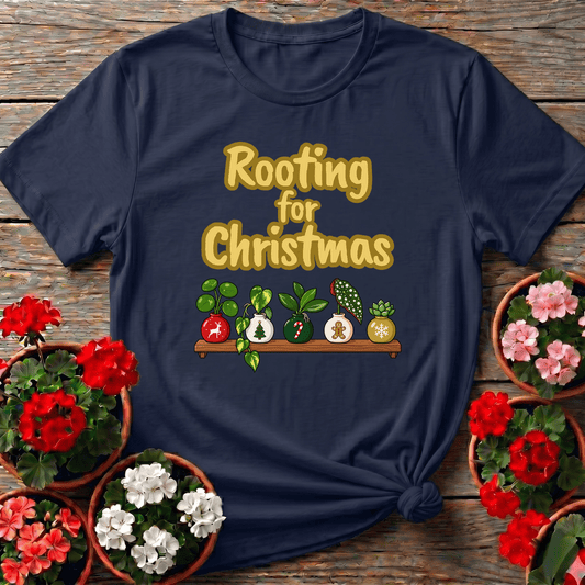 Navy cozy holiday houseplant t-shirt with "Rooting for Christmas" for indoor plant collectors