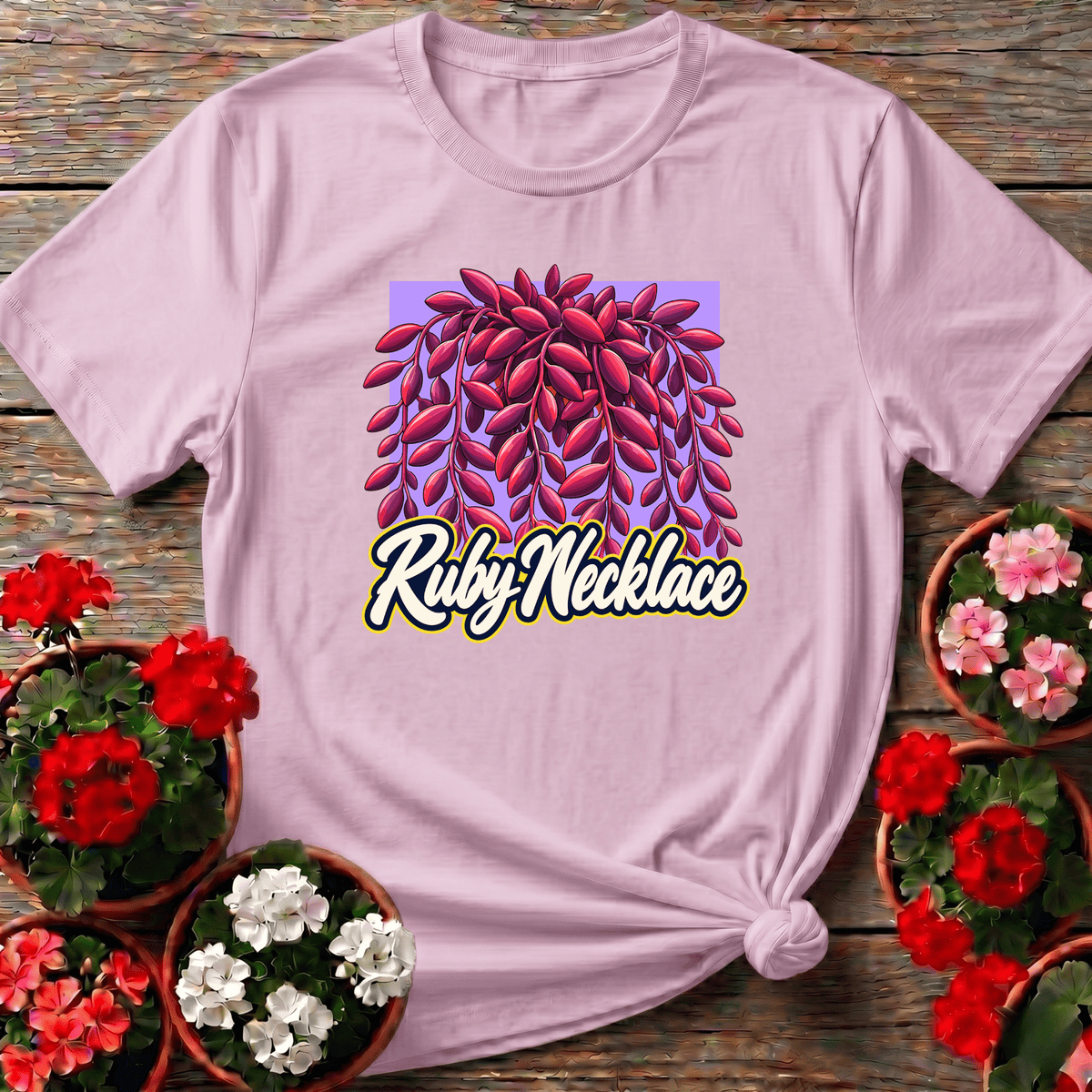 Light Pink retro cursive Ruby Necklace succulent shirt for indoor plant parents