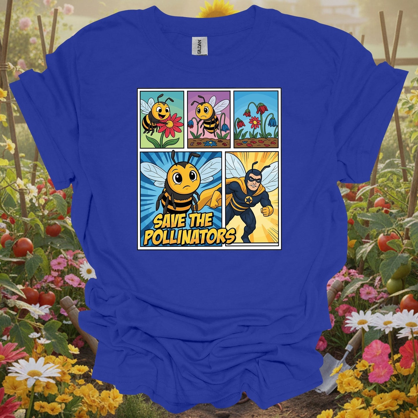 Save The Pollinators Comic Bee Superhero T-Shirt - GardeningTshirts