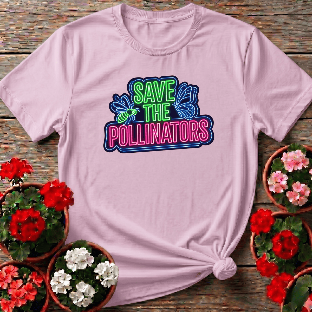 Light Pink retro-modern neon pollinator shirt with glowing bee and butterfly illustration for gardeners who plant with purpose