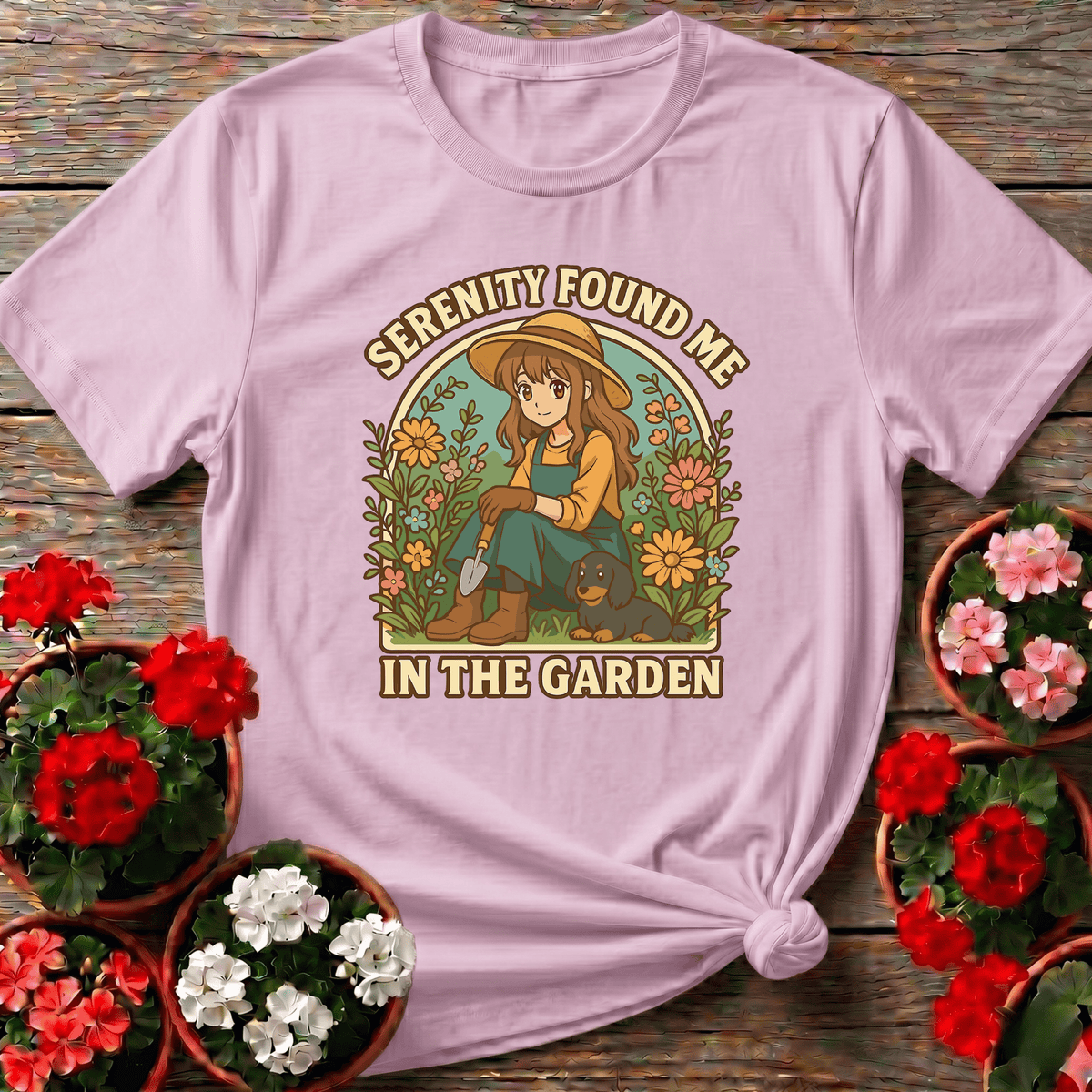 Light Pink kawaii floral anime gardening tee "Serenity Found Me in the Garden" for gardeners and dog moms