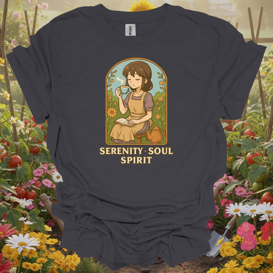 Charcoal tee showing serenity soul spirit botanical cottagecore for plant lovers
