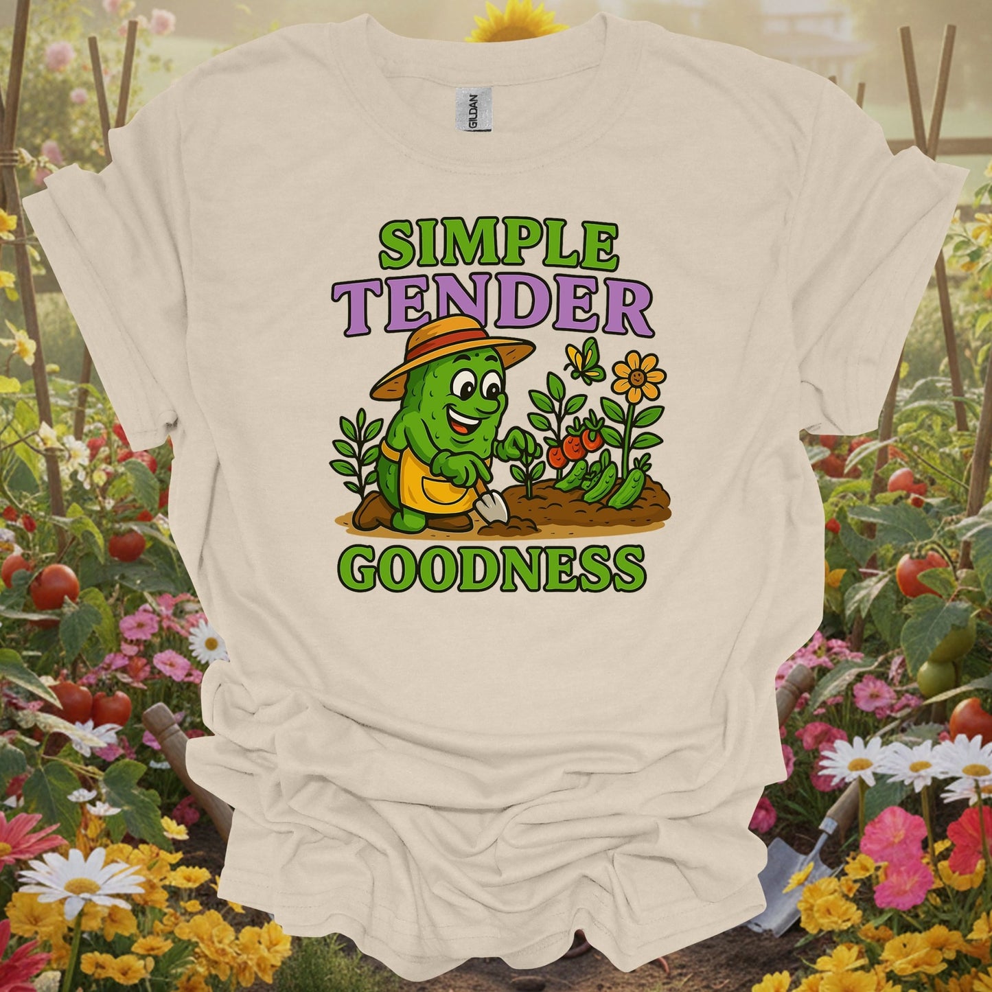 Natural tshirt showing funny pickle celebrating simple tender goodness for folks who find joy in basics