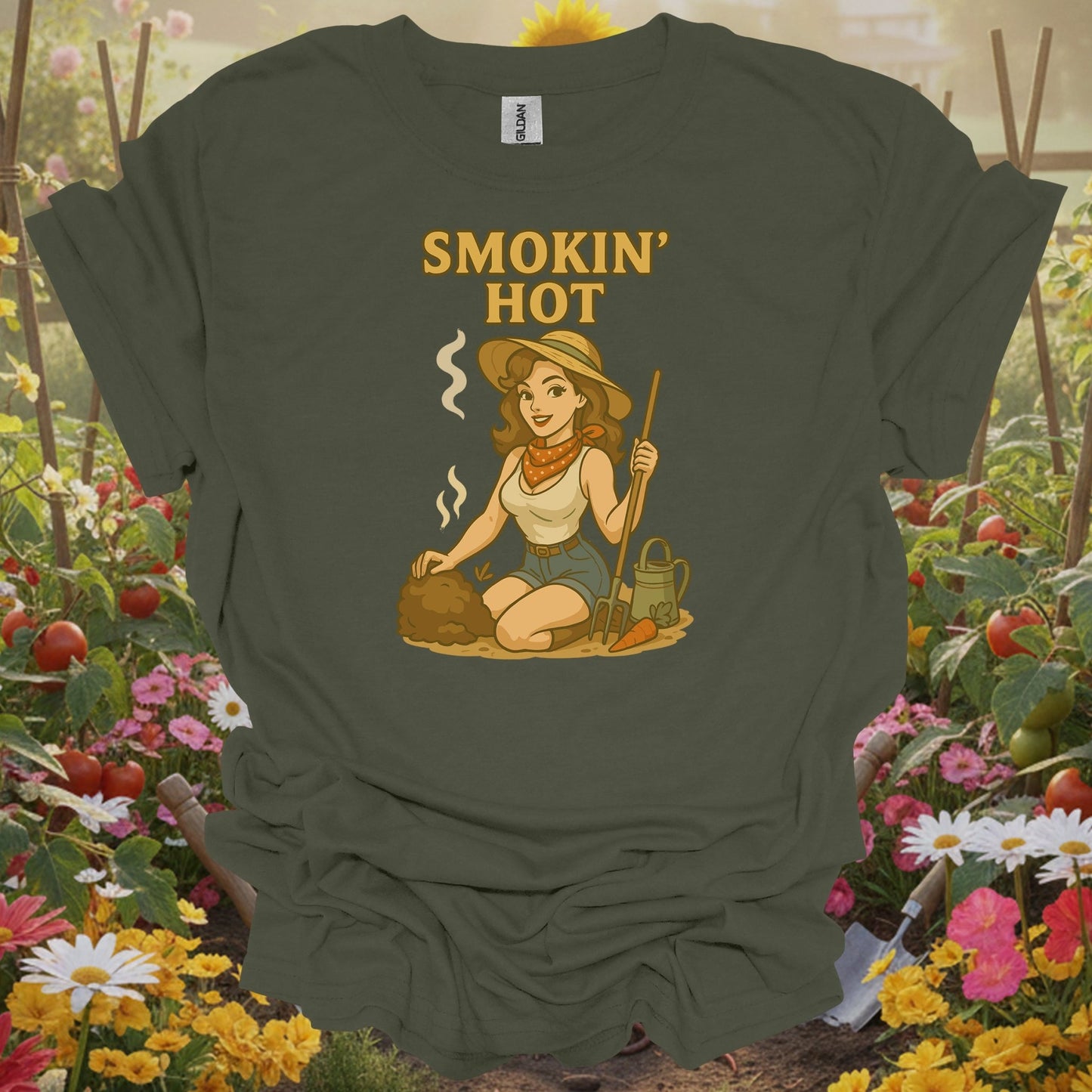 Military Green gardening tee with a balanced layout of a vintage style gardener for mindful gardeners who love soil health