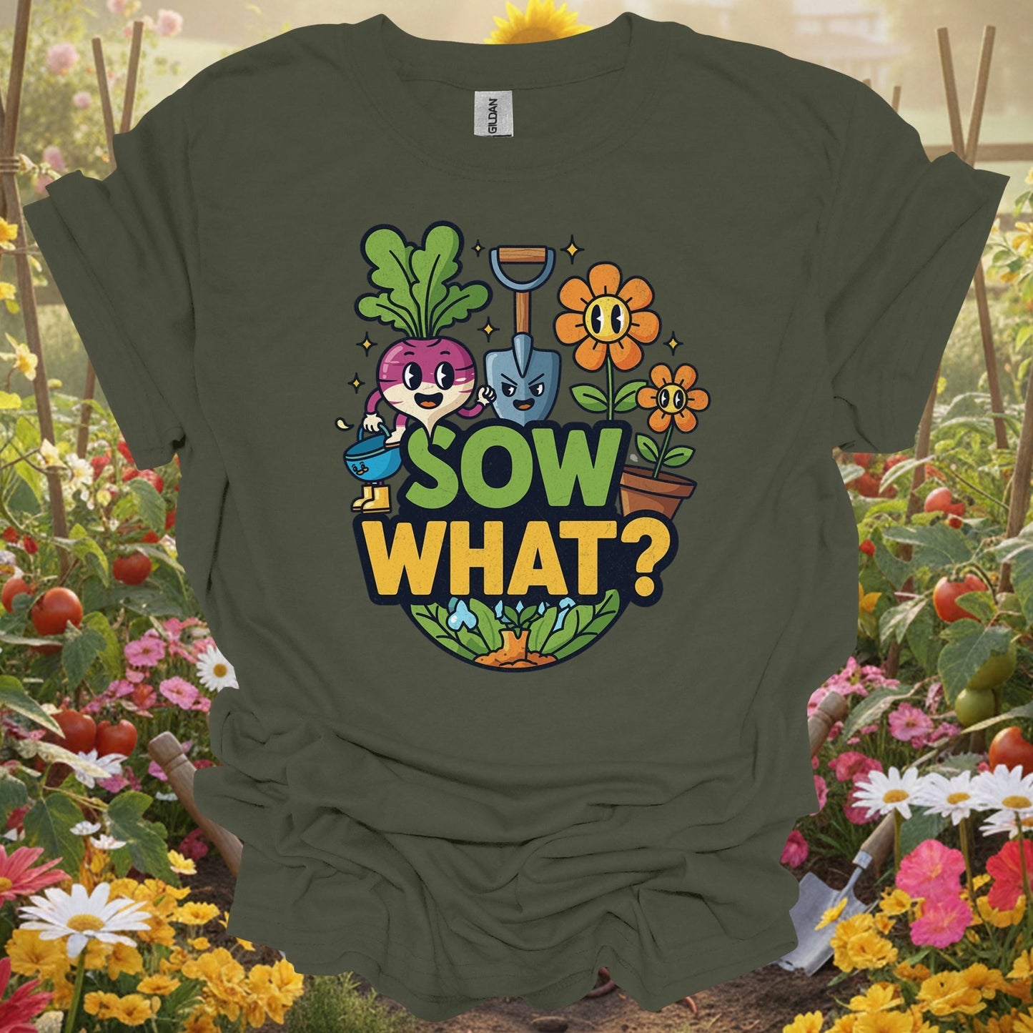 "Sow What?" Funny Cartoon Vegetable T-Shirt - GardeningTshirts