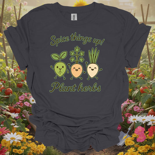 Charcoal tee showing cute dancing herb characters spicing things up for people who love whimsy