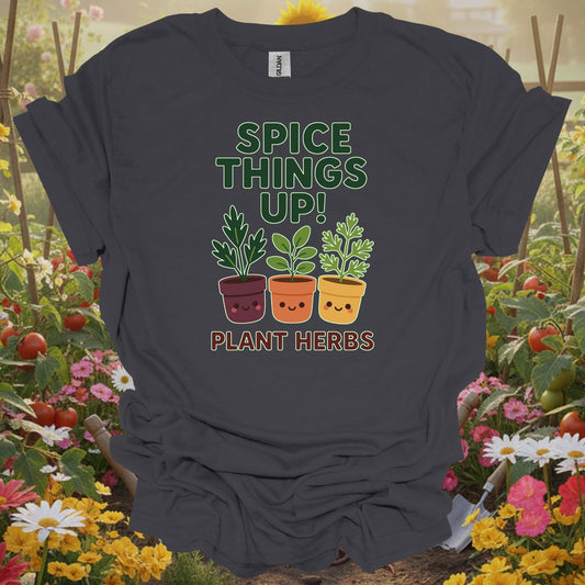 Charcoal tee showing cute potted herbs ready to spice things up for kitchen growers