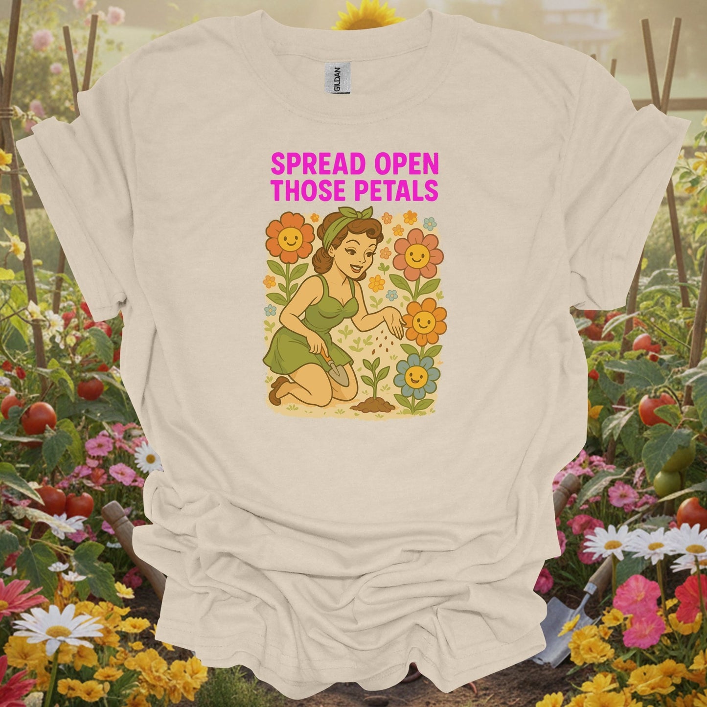 Spread Open Those Petals Vintage Pin - Up T-Shirt - GardeningTshirts