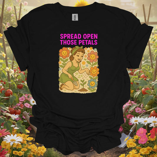 Black t-shirt with a vibrant flower power theme that fits a modern slow-living garden aesthetic and lifestyle.
