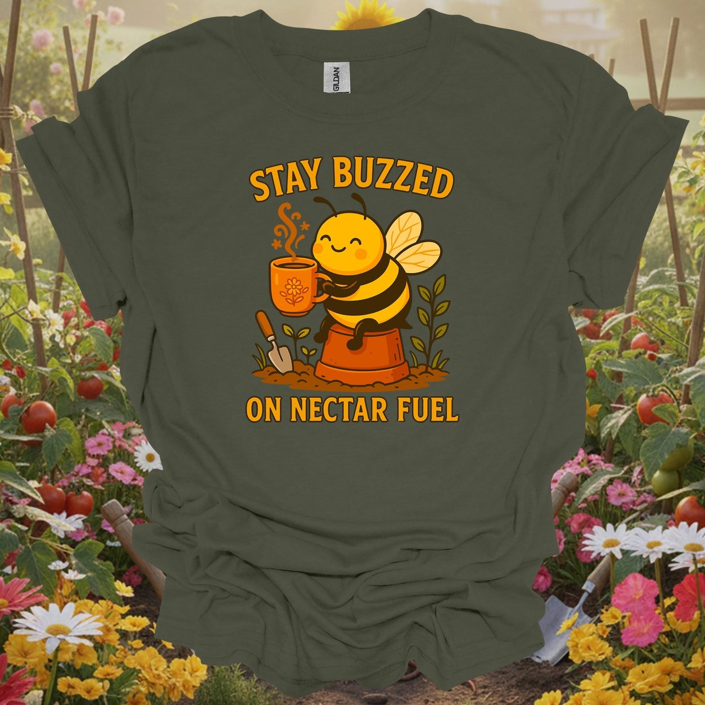 Military green tshirt showing stay buzzed on nectar fuel cute coffee bee for cute style gardeners