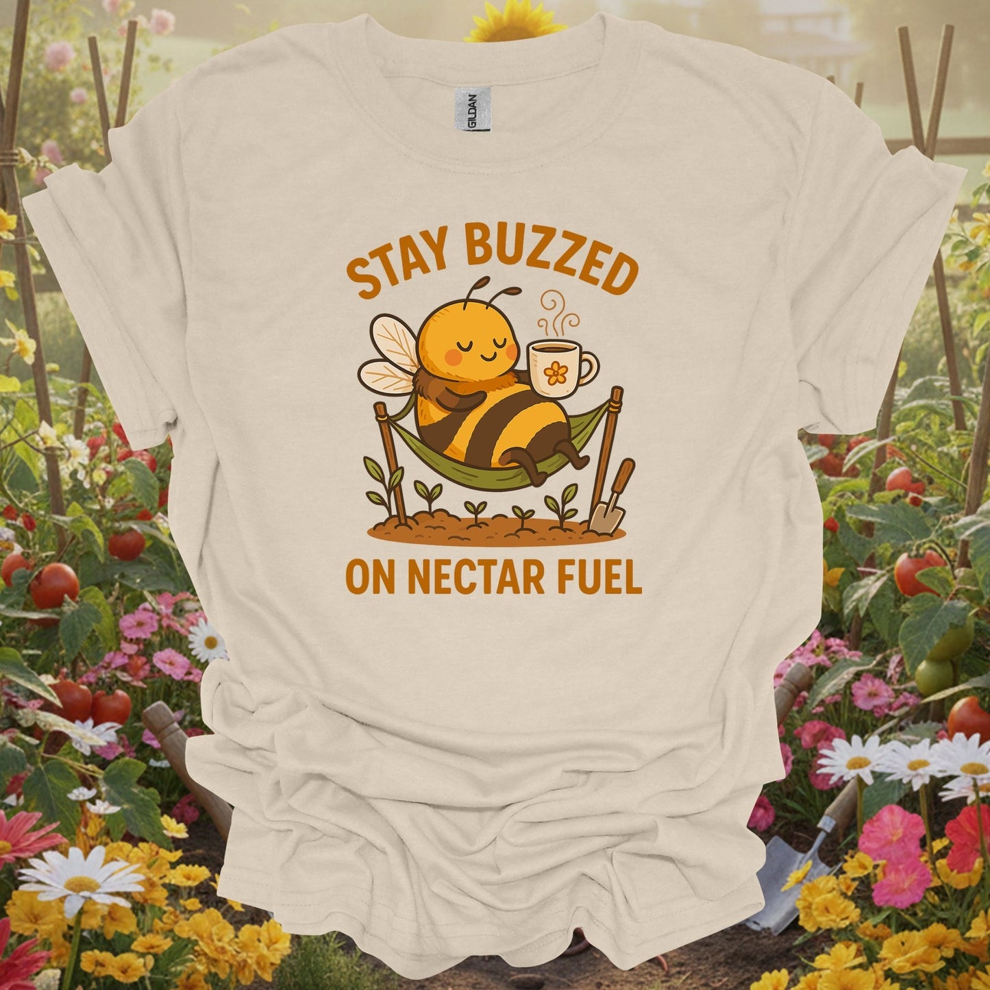 Natural tshirt showing stay buzzed on nectar fuel retro kawaii bee for people who love plants