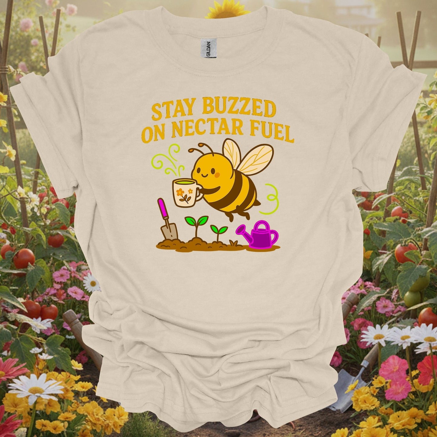 Natural tshirt showing vintage stay buzzed on nectar fuel bee gardening for folks with vintage taste