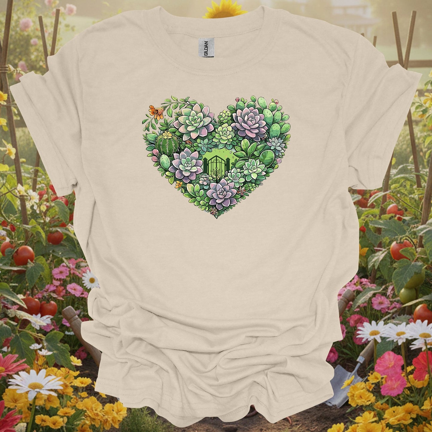 Natural tshirt showing succulent heart intricate floral art t shirt for people who love plants