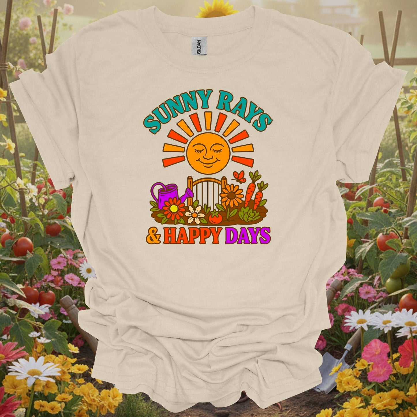 Natural tshirt showing sunny rays & happy days retro garden slogan for people who love plants