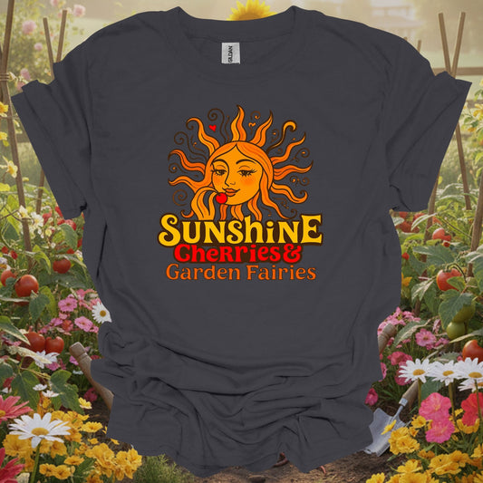 Charcoal tee showing sunshine cherries & garden fairies retro sun for plant lovers