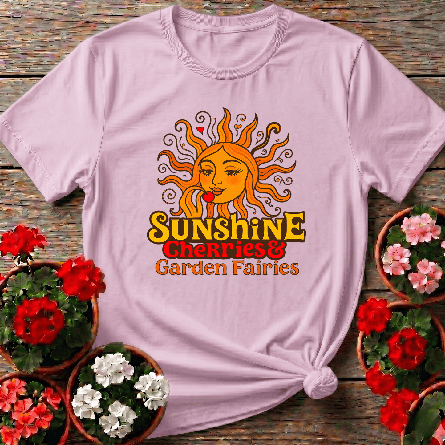 Sunshine Cherries & Garden Fairies Retro Sun Tee - GardeningTshirts