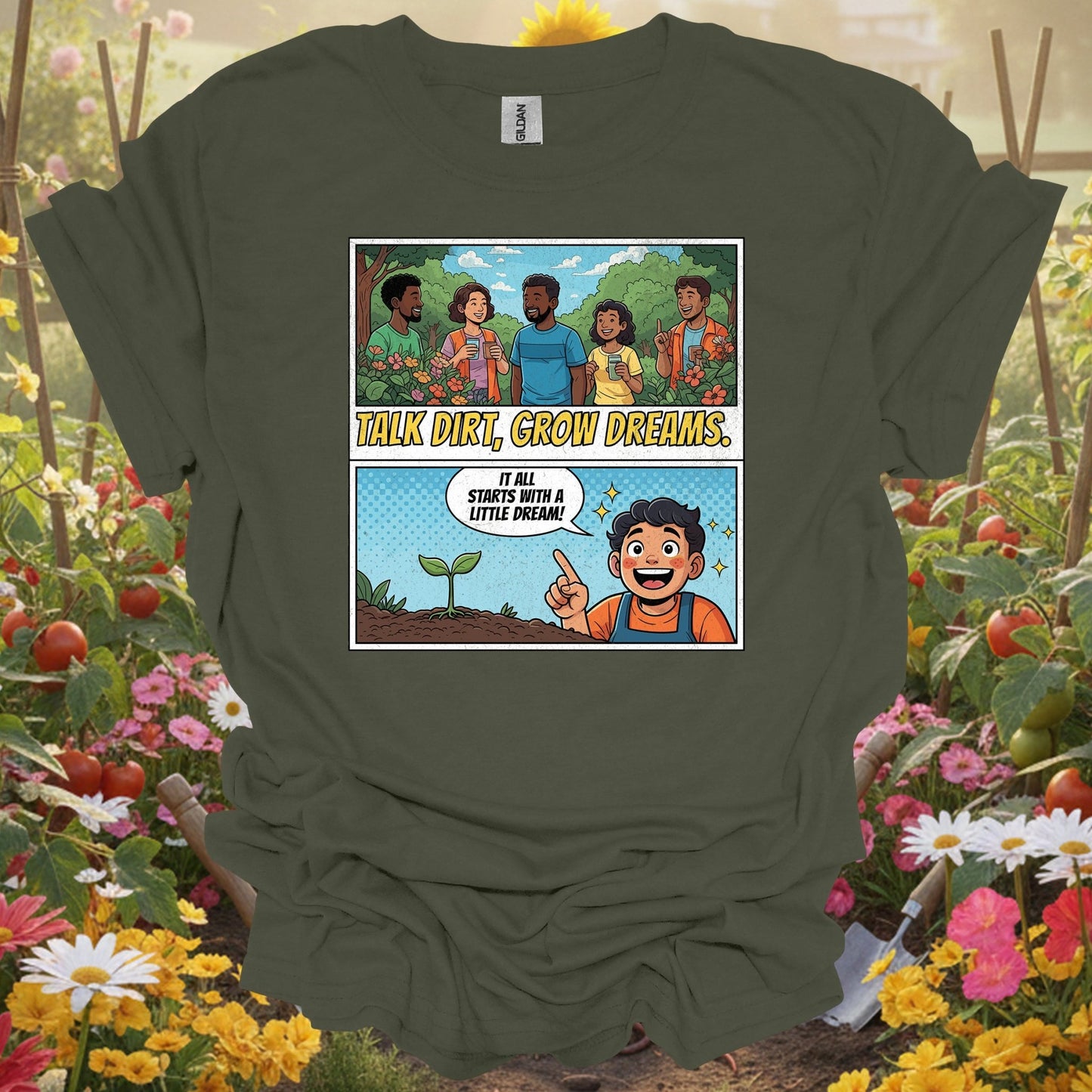 "Talk Dirt Grow Dreams" Comic Panel T-Shirt - GardeningTshirts