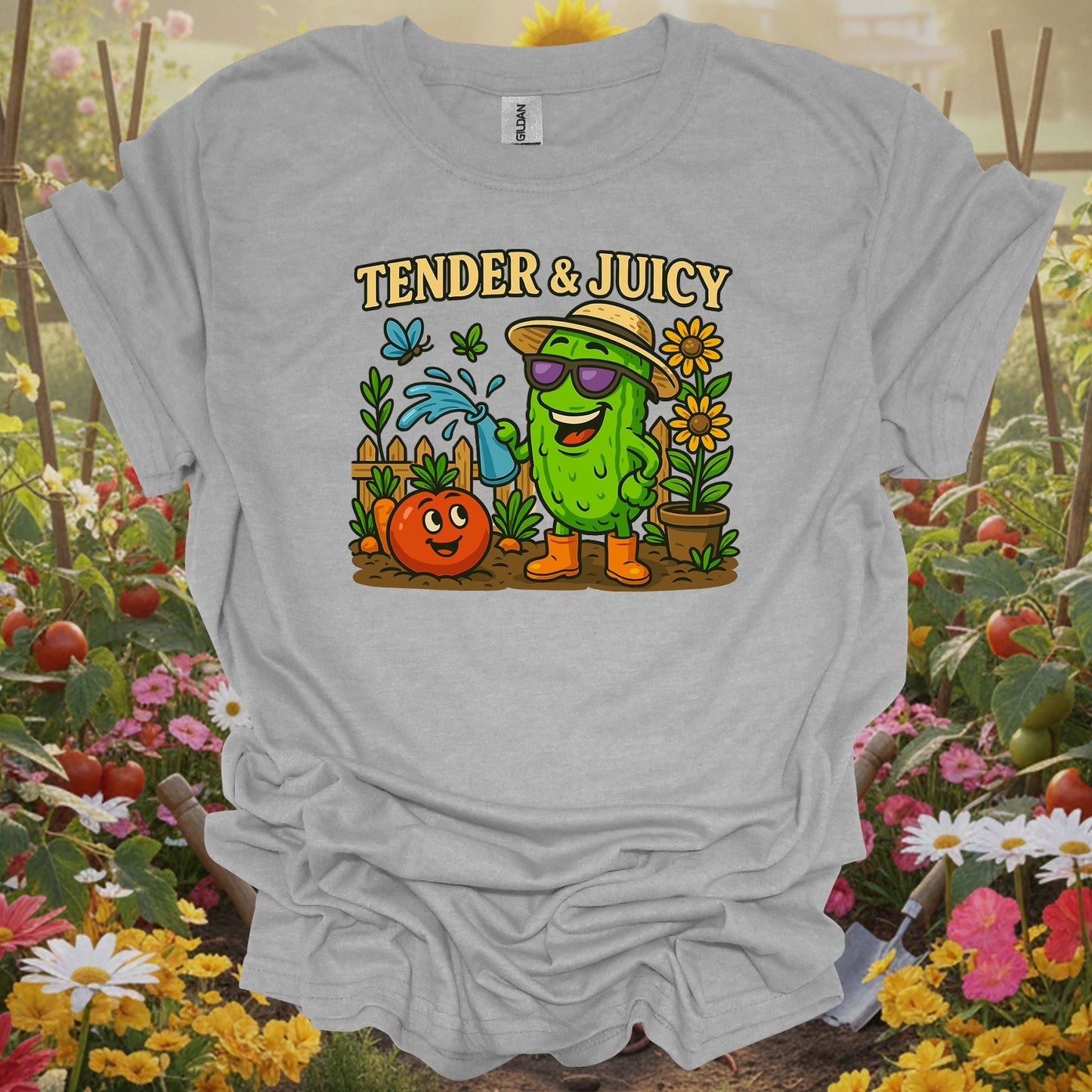 Sport Gray T-shirt with a detailed botanical illustration of sunflowers and vegetables perfect for happy plant parents.