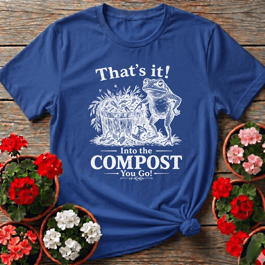 Royal vintage field guide style frog tee with "That's It Into the Compost You Go" for dedicated composters