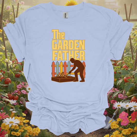 LIght blue tee showing retro the garden father father's day for retro enthusiasts