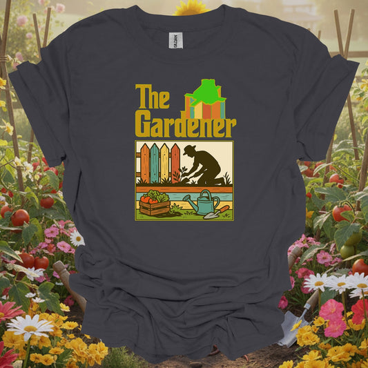 Charcoal tee showing the gardener retro silhouette for plant lovers
