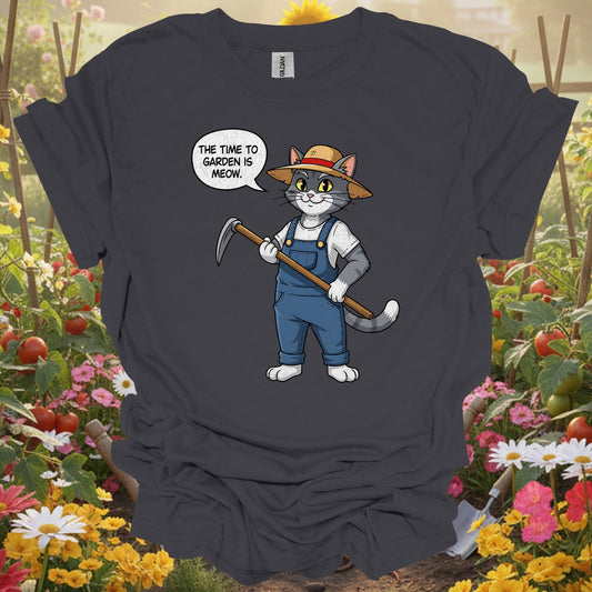 "The Time to Garden is Meow" Funny Cat Gardener Pun T-shirt - GardeningTshirts