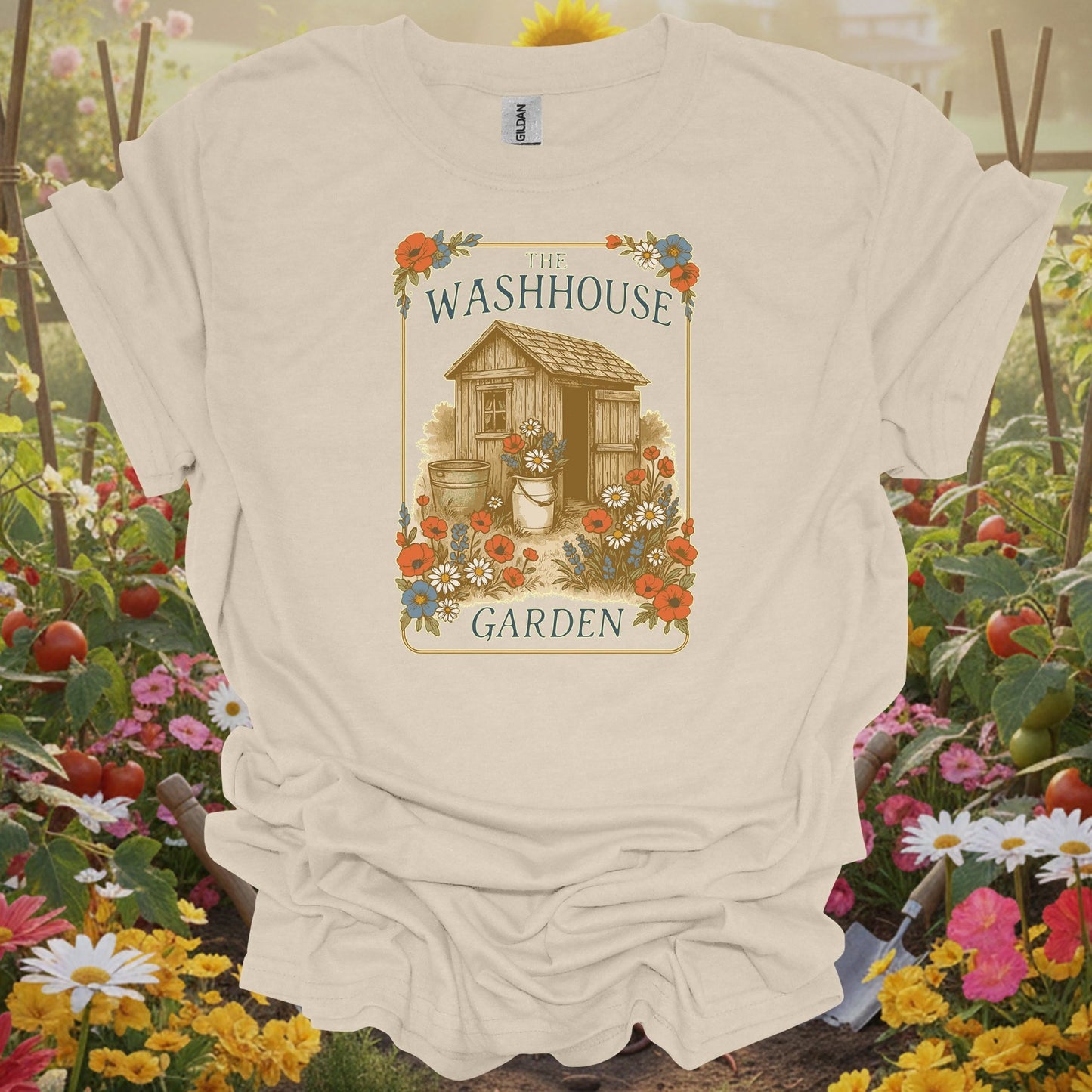 Natural tshirt showing vintage washhouse garden shed botanical illustration for vintage architecture admirers
