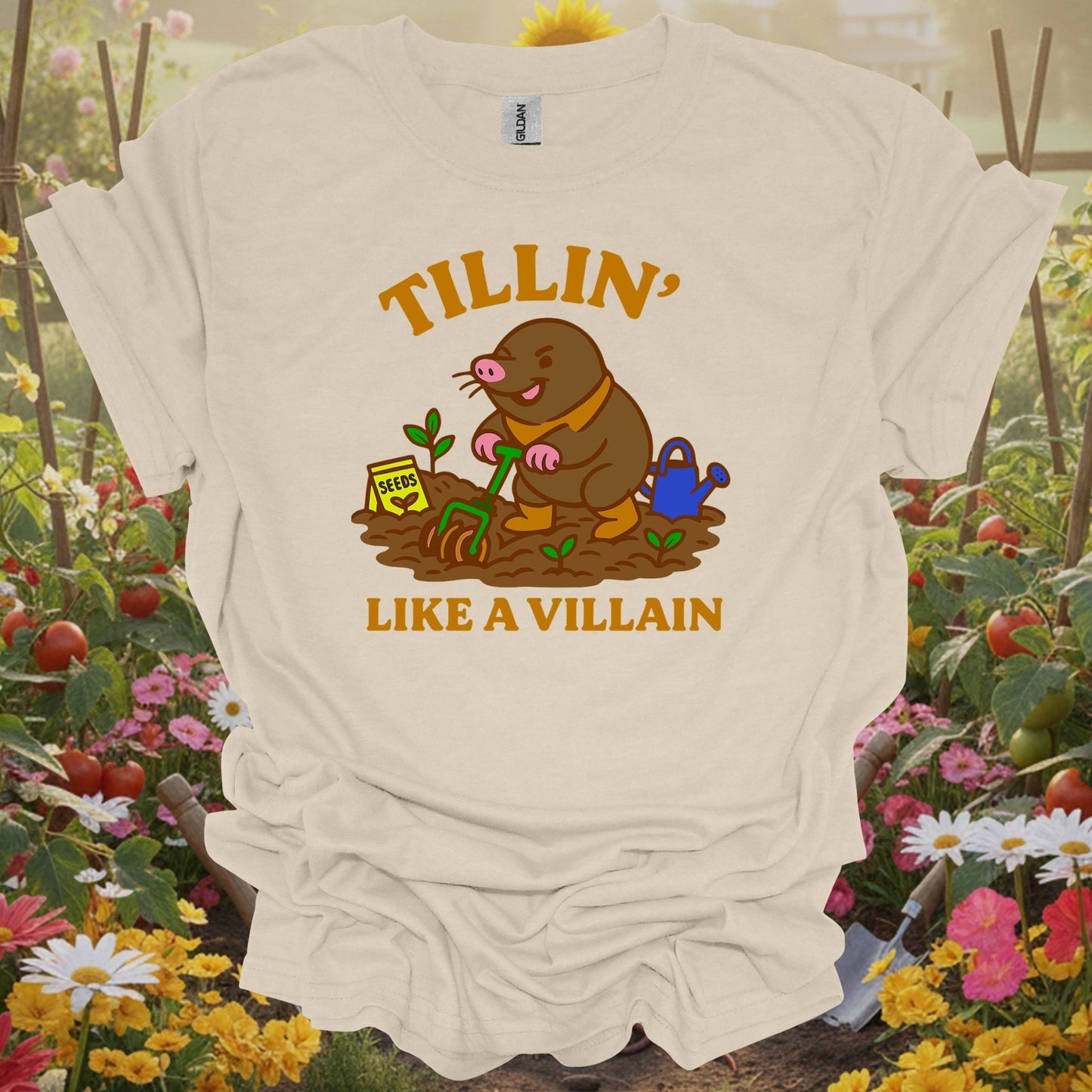 Natural tshirt showing tillin like a villain funny mole gardener for people who love plants
