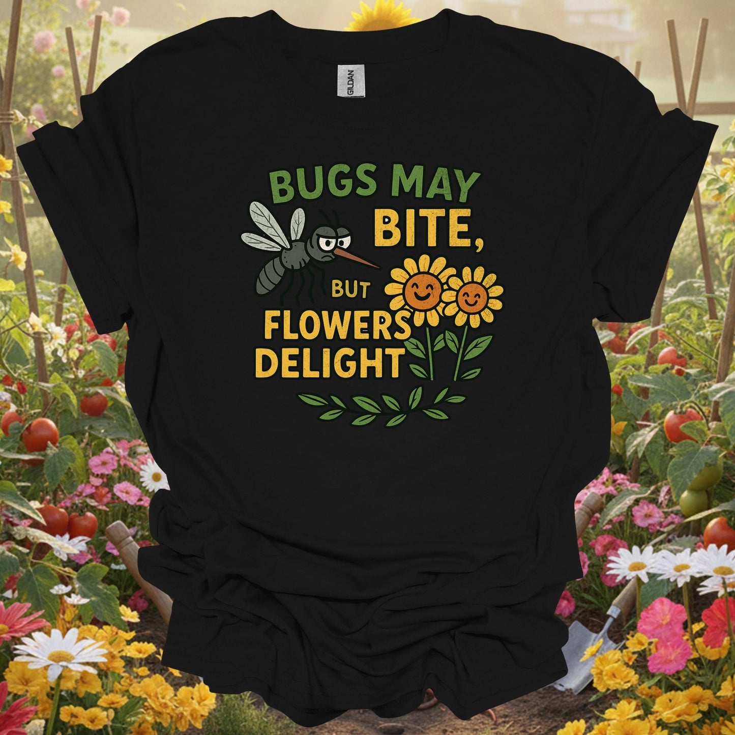 Title Bugs May Bite, But Flowers Delight witty gardening tee - GardeningTshirts