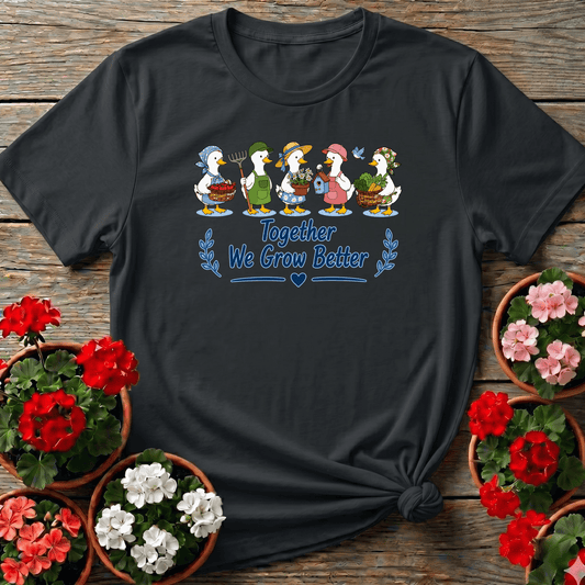 Black cottagecore illustrated gardening tee "Together We Grow Better" with folk art duck design for community gardeners