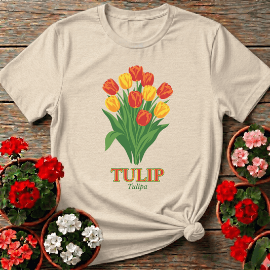Natural vintage seed packet style tulip tee with bold floral bouquet and Tulipa lettering for plant lovers