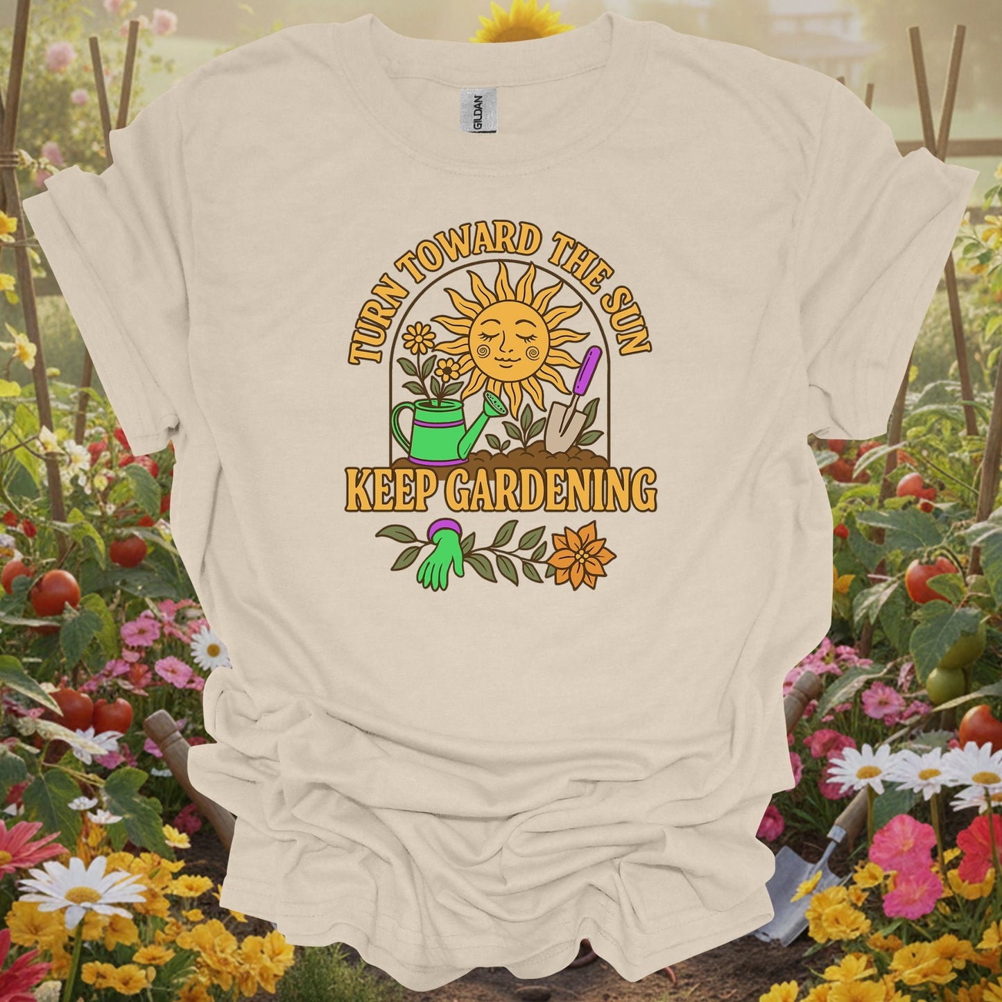 Natural tshirt showing turn toward the sun retro inspirational for people who love plants