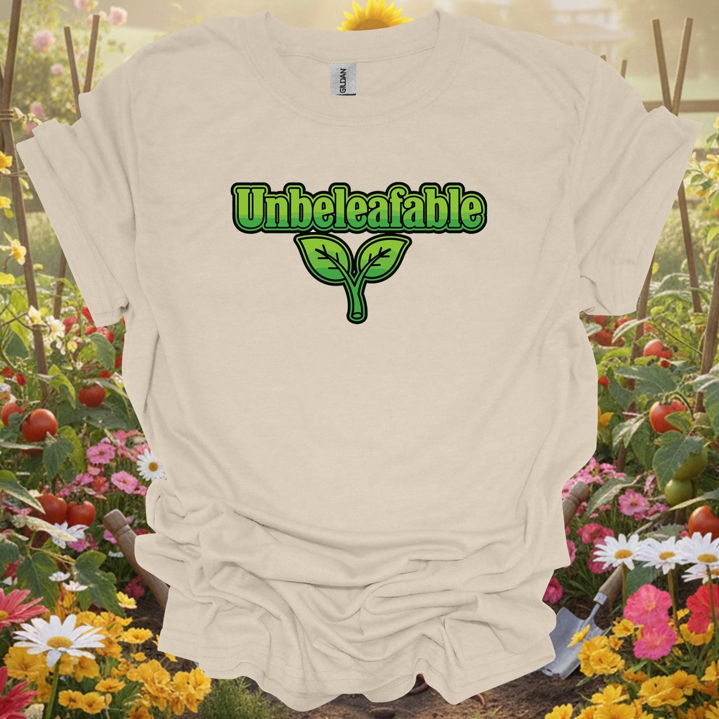 Natural tshirt showing unbeleafable funny plant pun for people who love plants