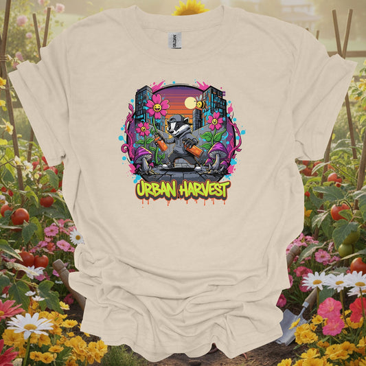 Natural apparel featuring an urban harvest badger design on a soft shirt that honors the resilient spirit of the city.