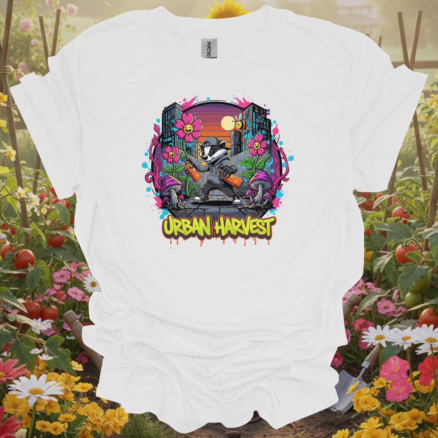 White shirt featuring a vibrant city sunset design on a classic tee for anyone who finds life in the concrete jungle.