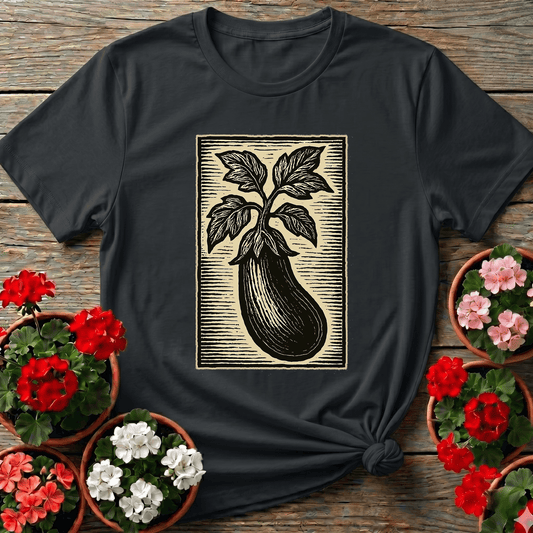 Black vintage woodcut botanical eggplant gardening tee for grow-your-own vegetable gardeners