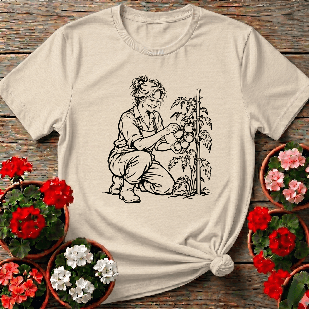 Natural timeless almanac-style gardening tee featuring a peaceful woman harvesting homegrown tomatoes