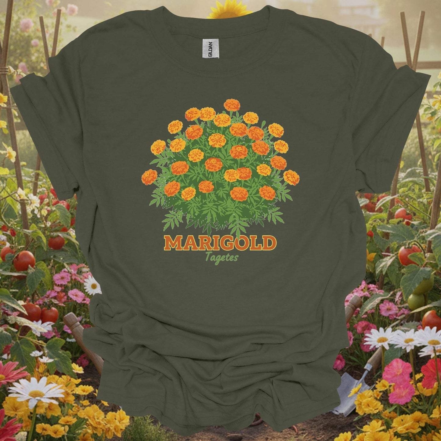 Military green tshirt showing a detailed, vintage inspired illustration that mirrors the aesthetic of classic botanical prints for bed builders constructing raised planting areas